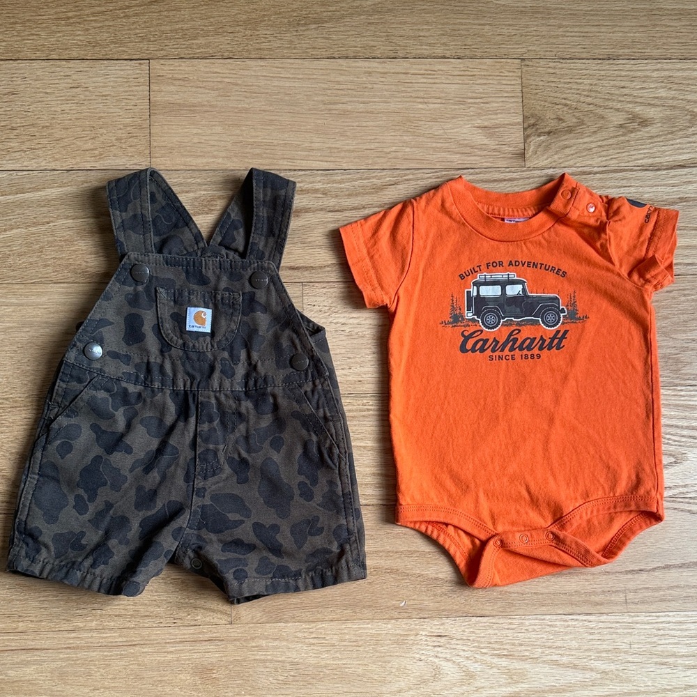 Carhartt Kids Camo Overalls and Orange Bodysuit
